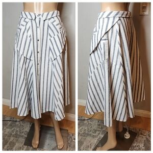 INA i:na Linen Blend Midi Skirt A-line Button Front Pockets White Blue Stripe S